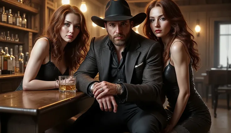 *[FLUX] REALISTIC FANTASY MACHINE DIGITAL, 16:9 aspect ratio. Ultra-realistic cinematic portrait inside the Redstone saloon at night. A strikingly handsome, unknown gunslinger sits confidently at a wooden table near the bar. He wears a dark tailored coat, ...