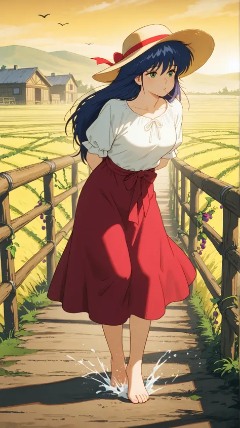 masterpiece, best quality, 8K, ultra-detailed, anime style,
soft natural lighting, warm afternoon glow, rural countryside scenery, stone buildings, grapevines, wine barrels, wooden vat filled with grapes,
1girl, solo, Madoka Ayukawa, blue hair, long h...