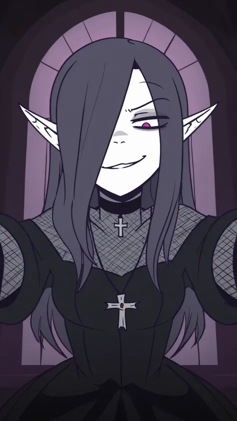 (dariacohen_XL, erotic, lusty, dynamic scene), flat color with shading features, bold outlines, long hair, masterpiece, best quality, newest, 1girl, gothic outfit, bodysuit, lace, choker, cross necklace, close up, dramatic foreshortening, chiaroscuro, ray ...