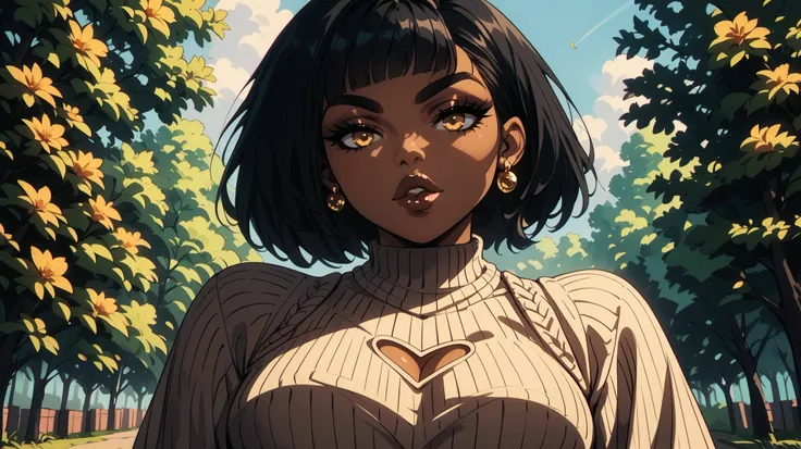 score_9, score_8_up, score_7_up, score_6_up, score_5_up, score_4_up, 1girl, low angle, gorgeous, beautiful, park with trees in daylight in the background, keyhole sweater, dark skin, glossy lips, looking down at viewer, fleeky eyebrows, black hair, bob cut...