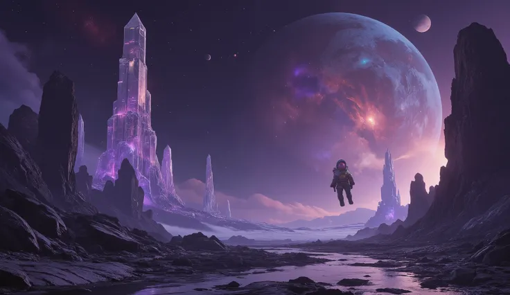 A lone cosmonaut floats weightlessly above the surface of a mysterious exoplanet, their reflective visor capturing the swirling colors of a nearby nebula. Towering crystalline structures rise from the ground below, glowing faintly in the darkness. Above, a...