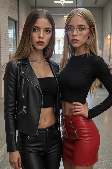  A photorealistic image , that two young women in a industrial environment shows. The first woman stands confidently in the middle of the picture, is wearing a black leather jacket and black leather pants. She has a light skin color, dunkles, straight hair...