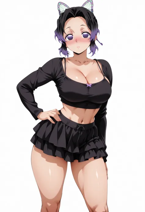 crop top, camisole, ruffled skirt, (black) shirt, (black) skirt, large breasts, anime screencap, mature female, anime screencap, shiny legs, shiny body, shiny hair, clear skin, clear body, looking at viewer, nose blush, contrapposto, white background, simp...