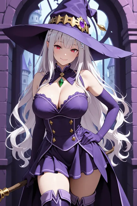 solo, alone, 1gril, masterpiece, ultra deteilled, emilia, long hair, loose hair, white hair, wavy hair, red eyes, big breast, whitch, black andpurple outfit, purple sexy short dress, purple witch hat, purple tight boots, purple elbow gloves, seductive, sed...