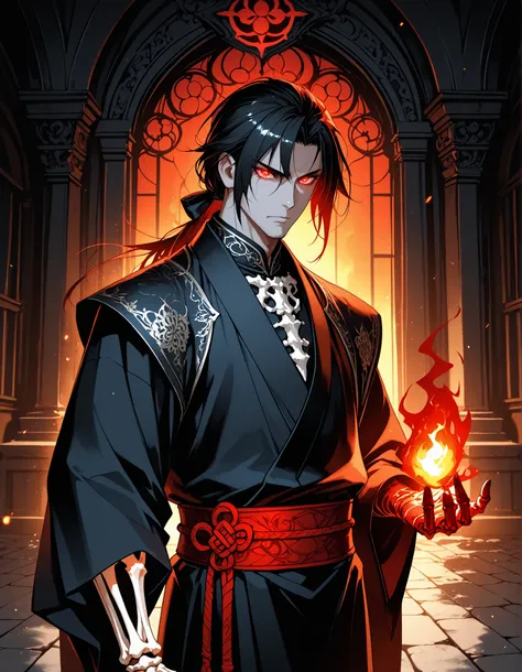 solo, close up, half body, {((male)), ((mature:1.2)), adult, muscular, broad-shouldered, long jet-black hair tied in loose warriors knot with crimson cord, glowing ((crimson eyes)), pale stone-like skin, sharp severe features, expression cold and commandin...