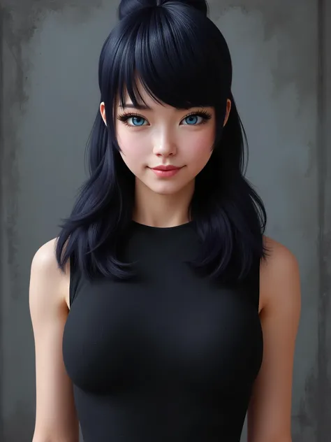 marinette Dopanchan, A very beautiful and cute 22 year old woman with a slight smile. (((Shy smile))), sharp focus on the face, (((Western eyes:1.5))), (((Extremely detailed ice-blue eyes, beautiful eyes, beautifully detailed eyes))), (((delicately detaile...