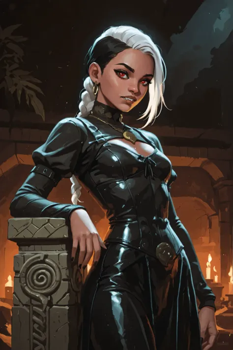 Drawn like the artist Bob Kehl. Goth girl. Albino skin. White skin. Rebecca from Cyberpunk Edgerunners with white and dark hair, deep red-coloured eyes, slanted Asian eyes, black eyeliner, with sharp teeth, athletic body and abs. Slender and athletic. Cute...