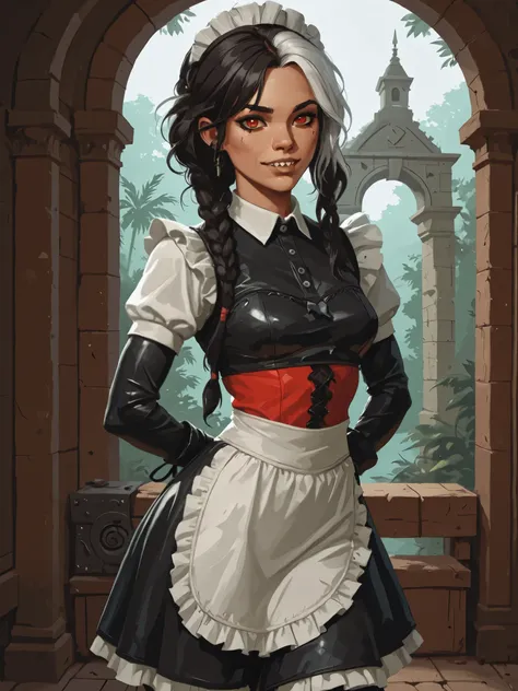 Drawn like the artist Bob Kehl. Goth girl. Albino skin. White skin. Rebecca from Cyberpunk Edgerunners with white and dark hair, deep red-coloured eyes, slanted Asian eyes, black eyeliner, with sharp teeth, athletic body and abs. Slender and athletic. Cute...