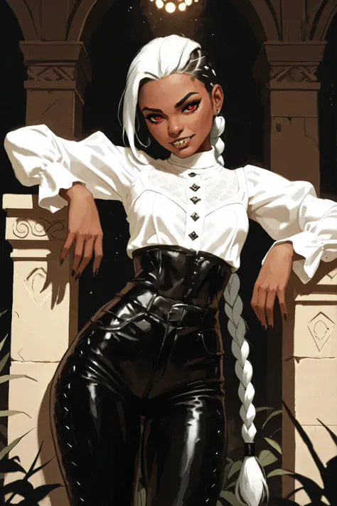 Drawn like the artist Bob Kehl. Goth girl. Albino skin. White skin. Rebecca from Cyberpunk Edgerunners with white and dark hair, deep red-coloured eyes, slanted Asian eyes, black eyeliner, with sharp teeth, athletic body and abs. Slender and athletic. Cute...