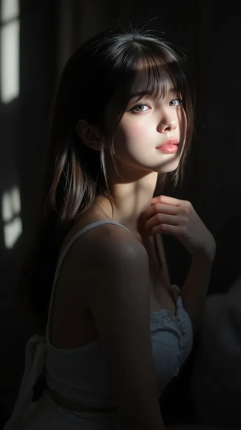 girl with an enigmatic expression, Cold sharp eyes, Eerie Smile, Contrast Lights,  Contrast between Shadow and Light , Beautiful Well-groomed, Gothic Atmosphere, very young face, drug, Complicated Feelings, psychological tension, 8k ultra high definition, ...