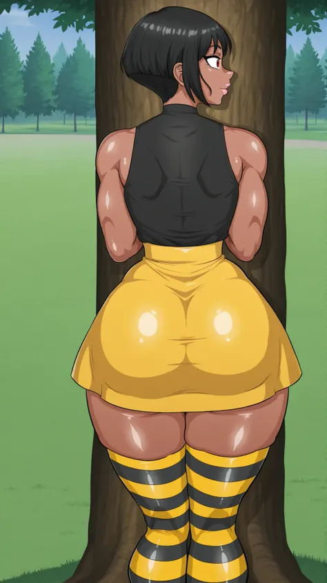 1 woman, bee-inspired fashion, bronzed tanned skin, curvy with medium-large bust, wide hips, toned thighs, shiny skin effect, short striped black and yellow skirt, matching striped stockings, tight top in black and yellow exposing abdomen, playful but allu...