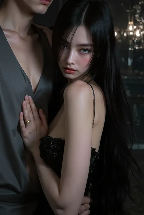 An incredibly beautiful young femme fatale, with long hair, straight and black, long straight bangs, and sapphire blue eyes. She doesn't wear makeup. She wears a simple revealing dress that embraces her large breasts and has a submissive expression on ...