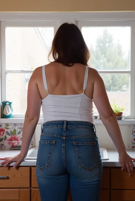 photorealistic rear portrait, mature woman with motherly presence leaning forward on kitchen counter, true back view, ultra high-waisted jeans emphasizing natural wide hips, realistic mature figure with authentic curves, casual posture, bright kitchen sett...