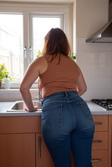 photorealistic rear portrait, mature woman with motherly presence leaning forward on kitchen counter, true back view, ultra high-waisted tight jeans emphasizing natural wide hips, realistic mature figure with authentic curves, casual posture, bright kitche...
