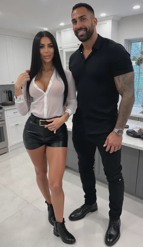 Kim Kardashian with long straight black hair in a white Durchsichtige Shirt with collar and buttons und großen Dekolleté, wide black belt , in very tight black Leder Minirock , Kim is wearing black Stiefel ,Kim is standing in a modern kitchen, Kim stan...