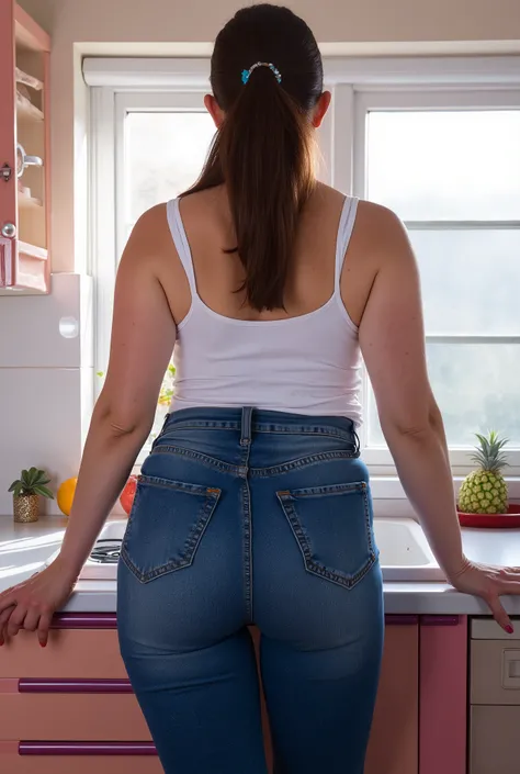 photorealistic rear portrait, mature woman with motherly presence leaning forward on kitchen counter, true back view, ultra high-waisted tight jeans emphasizing natural wide hips, realistic mature figure with authentic curves, casual posture, bright kitche...