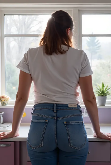 photorealistic rear portrait, mature woman with motherly presence leaning forward on kitchen counter, true back view, ultra high-waisted tight jeans emphasizing natural wide hips, realistic mature figure with authentic curves, casual posture, bright kitche...
