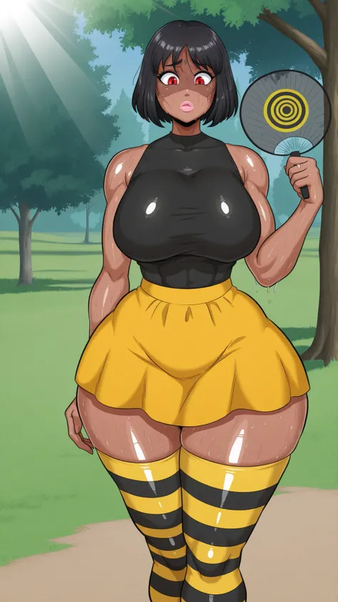1 woman, bee-inspired fashion, bronzed tanned skin, curvy with medium-large bust, wide hips, toned thighs, shiny skin effect, short striped black and yellow skirt, matching striped stockings, tight top in black and yellow exposing abdomen, red eyes, messy ...