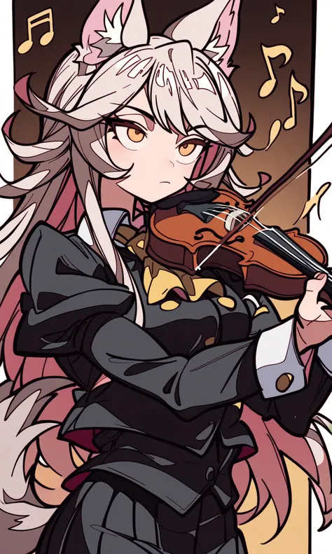 masterpiece, best quality, amazing quality, 1girl, Wolf Girl Playing the Violin、Wolf Ears、wolf tail、Chic Orchestra Uniform、Musical Notes Generated from the Violin Overflow Through the Air、miaomiao_hwm