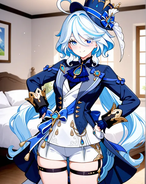 Furina \Genshin Impact\, long hair, long hair, white hair, medium breasts,
blue headwear, top hat,
blue jacket, long sleeves,
blue tailcoat,
white vest,
assymetrical gloves,
white shorts,
horny, happy expression,
(standing, hands on hips,)
fanc...