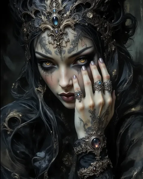 (Amazing Extraordinary Dreams: 3.5) The photo depicts a powerful Gothic witch whose face is decorated with that elegant hand, mysterious. She had slender white fingers, wearing several silver magic rings on her fingers, and was set with dark gems such as a...