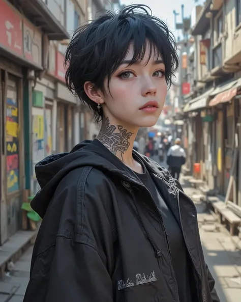 Senior Female Portrait,HD,ultra high definition,4K,realistic,Main,Carefully Drawn,Blond Elf,Stunning,Caught the Eye of the Soul, green pupil,Slim fit,Street Style ,Black Short Hair, Neck Tattoo ,with his hands inserted in pocket,LOL ,Abundant Street Scen...