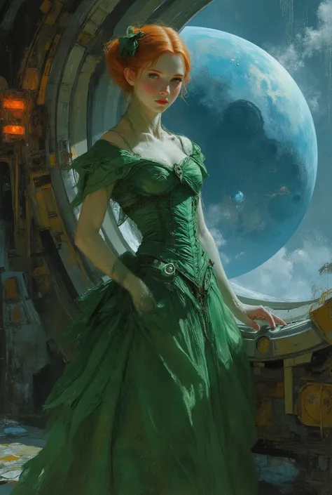 Masterpiece, high quality, Oil Painting, storybook-inspired folk art with dreamlike details. a serene tween princess, she is wearing a futuristic simple green velvet dress that is a tightly corseted and bustled, she stands inside large futuristic industria...