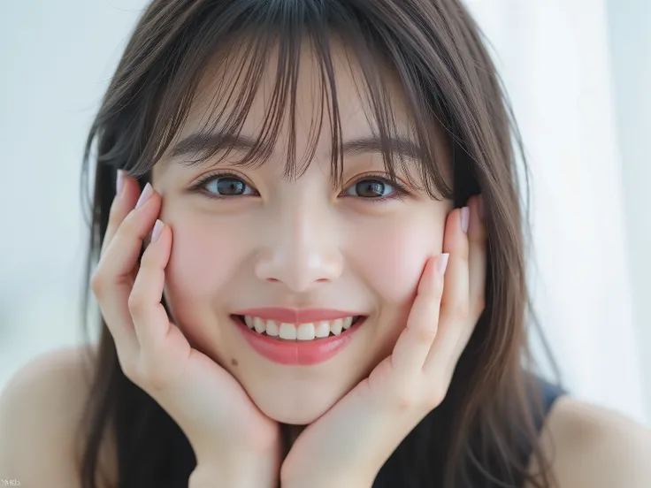 (Refined from an old photo, recreated in a modern, ultra high-quality photorealistic style, with a trendy Reiwa-era hairstyle: soft semi-long hair with natural waves and airy see-through bangs), 
Ultra photorealistic close-up portrait of a beautiful Japane...