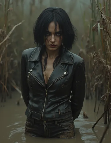 Portrait Art , ugly mature mom over 40, Stuck in the swamp. gaze, [faded, riding a classic motorcycle, , stuck in viscous mud, marshy vegetation, mud, black bob haircut. mudy mudy leather detailed biker jacket and mudy leather skinny pants jeans. Worn...