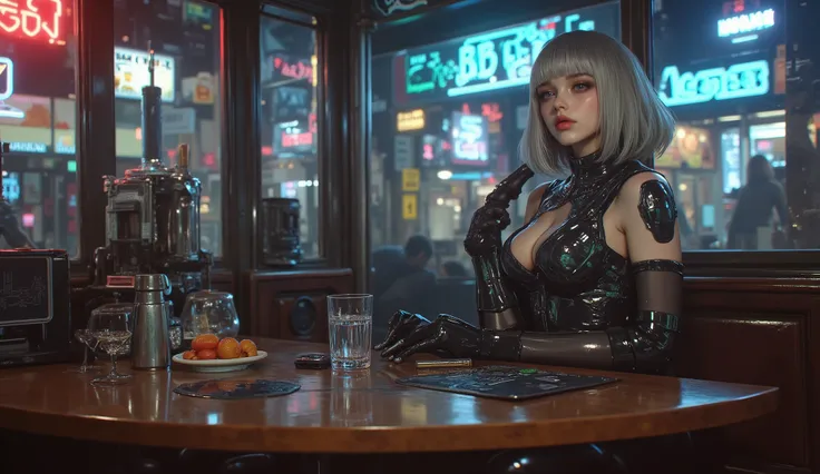 ((masterpiece)) (better quality , masterpiece) , (Cyberpunk2077 gal) , (meticulous and intricate cybernetic arms and legs) ("Cyber Hunter") , () , (day grey hair , short with bangs) , (Sensual blue eyes , sensual smile , teeth , medium chest) , (Generous c...