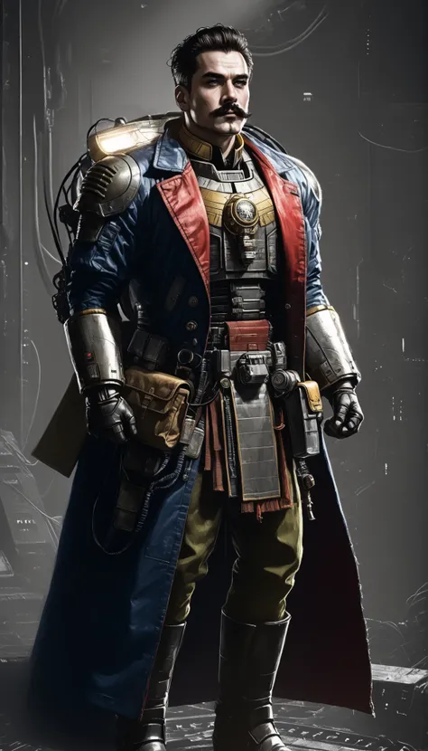 Important (30 year old noble, some wires attached to forehead, general, warhammer 40 000 theme):
Scene (space ship corridor):
Character Face (focused, wrinkles, beardand mustache):
Character Body (fit, muscular, oiled skin, sweat skin, neon glowing electri...