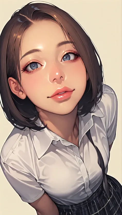 Safety_Pos, written depth, target in focus, ((dynamic angle)), sexy, Highest Quality, detailed eyes, perfect eyes, Realistic Eyes, ((thin lips)), (Light Eyeliner), perfect eyes, natural look that highlights summer, (white shirt), ( Plated Skirt ), Realisti...