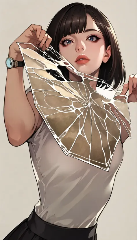 Safety_Pos, written depth, target in focus, ((dynamic angle)), sexy Pose, Highest Quality, detailed eyes, perfect eyes, Realistic Eyes, ((thin lips)), (Light Eyeliner), perfect eyes, home cut, natural look that highlights summer, (white shirt), ( Plated Sk...