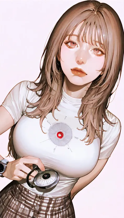 written depth, target in focus, ((dynamic angle)), sexy, Highest Quality, detailed eyes, perfect eyes, Realistic Eyes, ((Thick lower lip)), (Light Eyeliner), perfect eyes, natural look that highlights summer, (white shirt), ( Plated Skirt ), Realistic Ches...