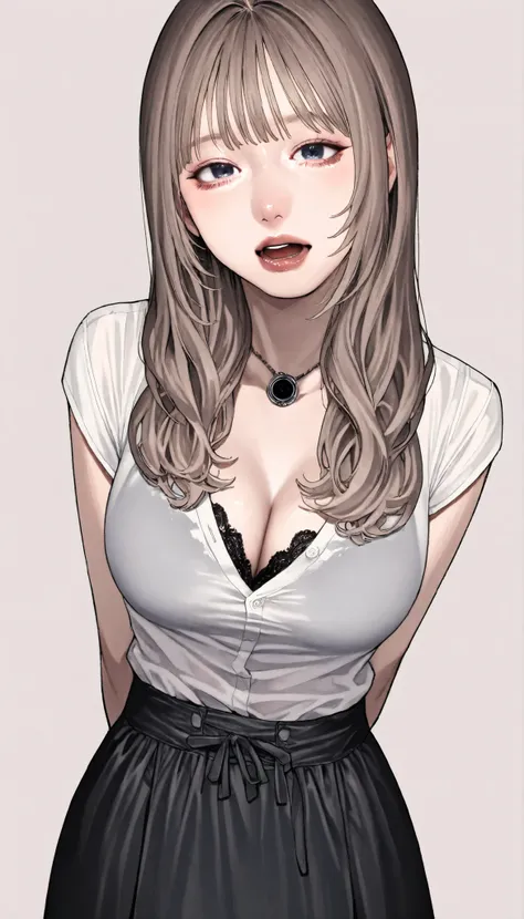 written depth, target in focus, ((dynamic angle)), sexy, Highest Quality, detailed eyes, perfect eyes, Realistic Eyes, ((Thick lower lip)), (Light Eyeliner), perfect eyes, natural look that highlights summer, (white shirt), ( Plated Skirt ), Realistic Ches...