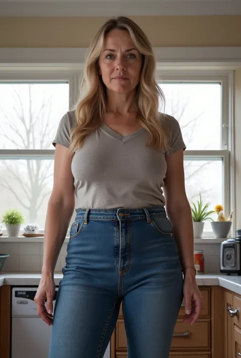 Photorealistic full-body portrait of a mature woman in a bright kitchen, captured from a very low camera angle so that she looms powerfully over the viewer.  visible signs of aging such as wrinkles, soft skin texture, and a fuller mature figure. Her long, ...