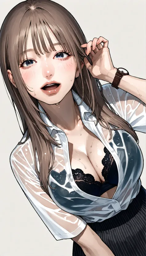 written depth, target in focus, ((dynamic angle)), sexy, Highest Quality, detailed eyes, perfect eyes, Realistic Eyes, ((Thick lower lip)), (Light Eyeliner), perfect eyes, natural look that highlights summer, (white shirt), ( Plated Skirt ), Realistic Ches...