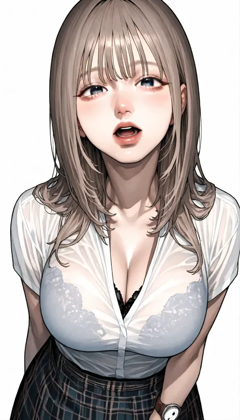written depth, target in focus, ((dynamic angle)), sexy, Highest Quality, detailed eyes, perfect eyes, Realistic Eyes, ((Thick lower lip)), (Light Eyeliner), perfect eyes, natural look that highlights summer, (white shirt), ( Plated Skirt ), Realistic Ches...