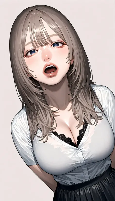 written depth, target in focus, ((dynamic angle)), sexy, Highest Quality, detailed eyes, perfect eyes, Realistic Eyes, ((Thick lower lip)), (Light Eyeliner), perfect eyes, natural look that highlights summer, (white shirt), ( Plated Skirt ), Realistic Ches...