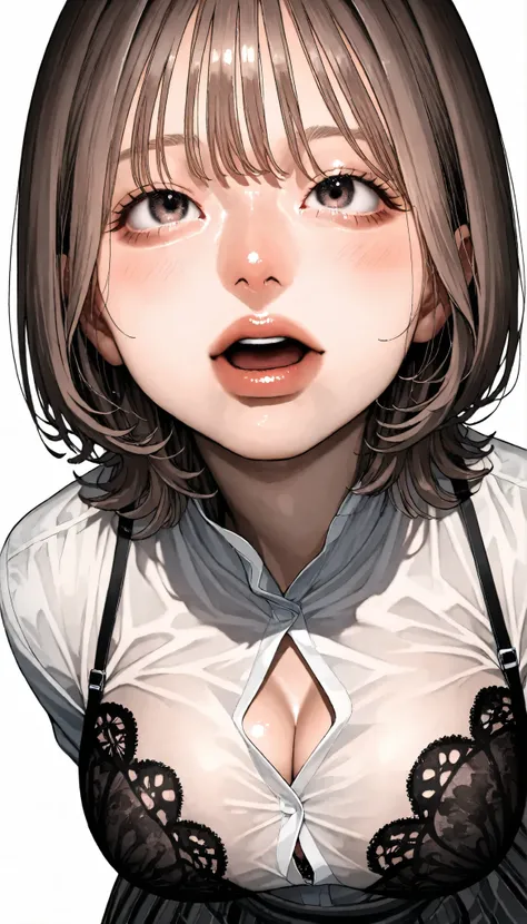 written depth, target in focus, ((dynamic angle)), sexy, Highest Quality, detailed eyes, perfect eyes, Realistic Eyes, ((Thick lower lip)), (Light Eyeliner), perfect eyes, natural look that highlights summer, (white shirt), ( Plated Skirt ), Realistic Ches...