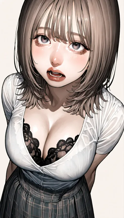 written depth, target in focus, ((dynamic angle)), sexy, Highest Quality, detailed eyes, perfect eyes, Realistic Eyes, ((Thick lower lip)), (Light Eyeliner), perfect eyes, natural look that highlights summer, (white shirt), ( Plated Skirt ), Realistic Ches...