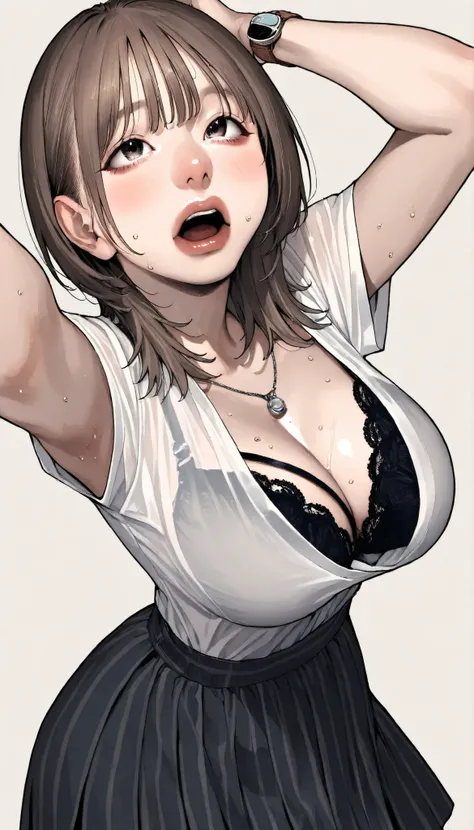 written depth, target in focus, ((dynamic angle)), sexy, Highest Quality, detailed eyes, perfect eyes, Realistic Eyes, ((Thick lower lip)), (Light Eyeliner), perfect eyes, natural look that highlights summer, (white shirt), ( Plated Skirt ), Realistic Ches...