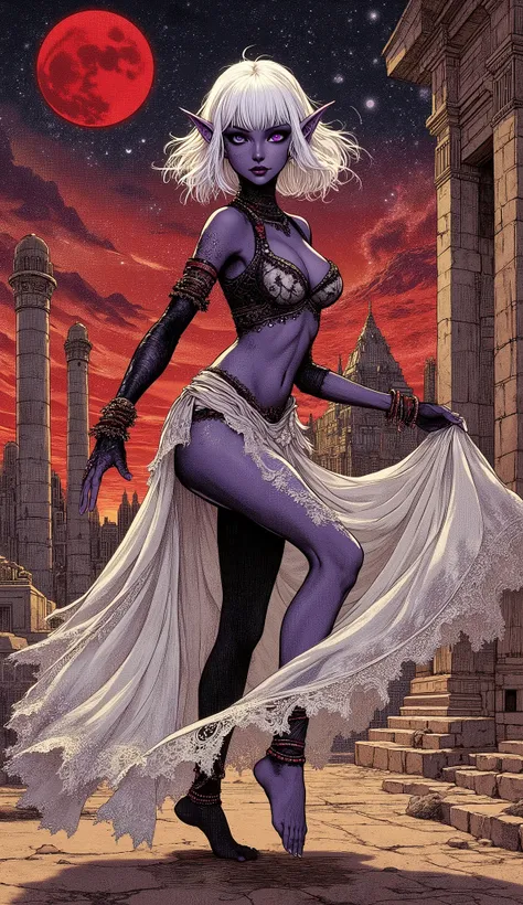 (The fusion of ukiyo-e and dark fantasy. Aesthetic, gothic-style digital art. Detailed facial rendering. Two female elves.) BREAK
(Translucent white hair. Straight-across bangs. White eyebrows. Long white eyelashes. Almond-shaped eyes. Lavender-colored ir...