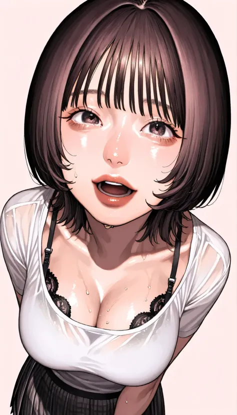 written depth, target in focus, ((dynamic angle)), sexy, Highest Quality, detailed eyes, perfect eyes, Realistic Eyes, ((Thick lower lip)), (Light Eyeliner), perfect eyes, natural look that highlights summer, (white shirt), ( Plated Skirt ), Realistic Ches...