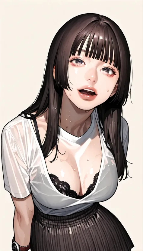 written depth, target in focus, ((dynamic angle)), sexy, Highest Quality, detailed eyes, perfect eyes, Realistic Eyes, ((Thick lower lip)), (Light Eyeliner), perfect eyes, natural look that highlights summer, (white shirt), ( Plated Skirt ), Realistic Ches...