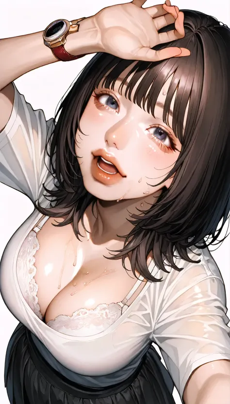 written depth, target in focus, ((dynamic angle)), sexy, Highest Quality, detailed eyes, perfect eyes, Realistic Eyes, ((Thick lower lip)), (Light Eyeliner), perfect eyes, natural look that highlights summer, (white shirt), ( Plated Skirt ), Realistic Ches...