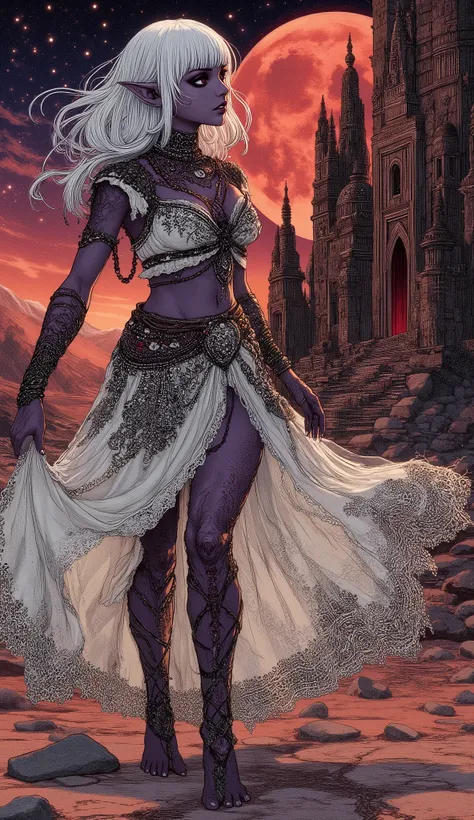 (The fusion of ukiyo-e and dark fantasy. Aesthetic, gothic-style digital art. Detailed facial rendering. Two female elves.) BREAK
(Translucent white hair. Straight-across bangs. White eyebrows. Long white eyelashes. Almond-shaped eyes. Lavender-colored ir...