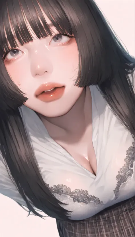 written depth, target in focus, ((dynamic angle)), sexy, Highest Quality, detailed eyes, perfect eyes, Realistic Eyes, ((Thick lower lip)), (Light Eyeliner), perfect eyes, natural look that highlights summer, (white shirt), ( Plated Skirt ), Realistic Ches...