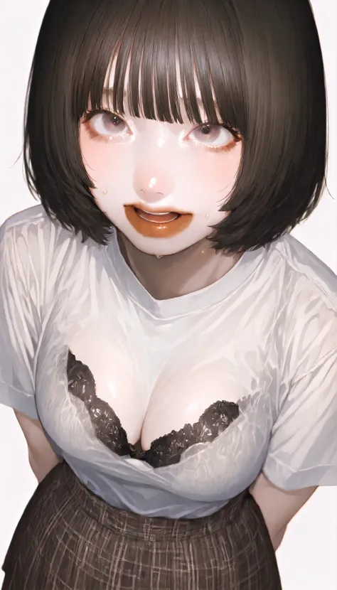written depth, target in focus, ((dynamic angle)), sexy, Highest Quality, detailed eyes, perfect eyes, Realistic Eyes, ((Thick lower lip)), (Light Eyeliner), perfect eyes, natural look that highlights summer, (white shirt), ( Plated Skirt ), Realistic Ches...