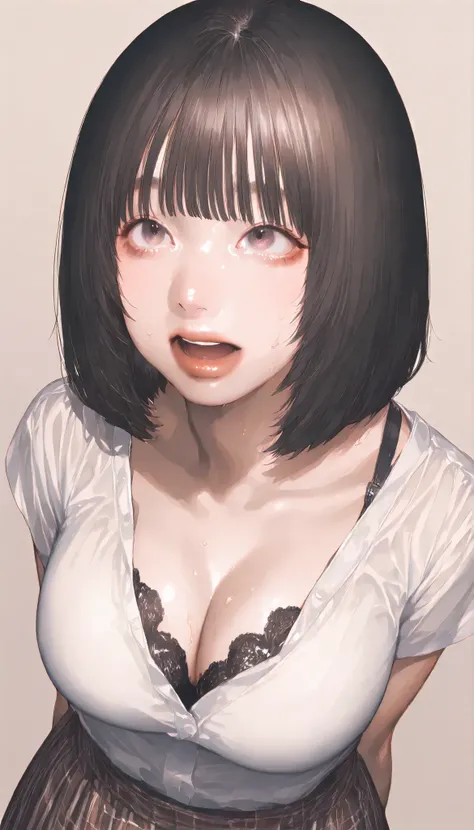 written depth, target in focus, ((dynamic angle)), sexy, Highest Quality, detailed eyes, perfect eyes, Realistic Eyes, ((Thick lower lip)), (Light Eyeliner), perfect eyes, natural look that highlights summer, (white shirt), ( Plated Skirt ), Realistic Ches...